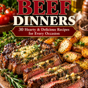 Easy Beef Dinners cookbook cover featuring sliced garlic butter steak and roasted potatoes