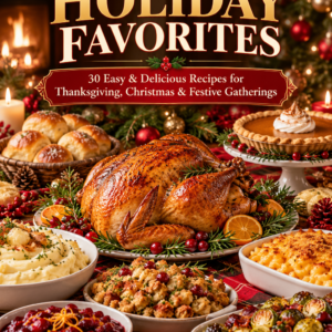 FlavourQuest Holiday Favorites cookbook cover featuring a festive roasted turkey, holiday side dishes, Christmas decorations, and Thanksgiving recipes.